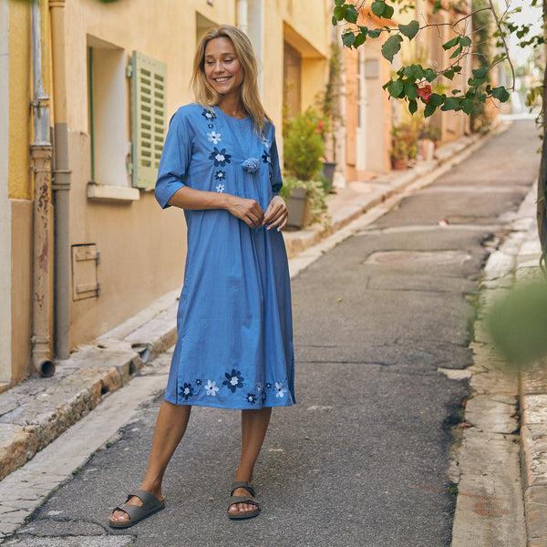 Zen Ethic Robe Longue Brodée Louisa 100% Coton - Bleu