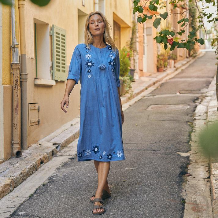 zen ethic Robe longue brodée Louisa 100% Coton - Bleu