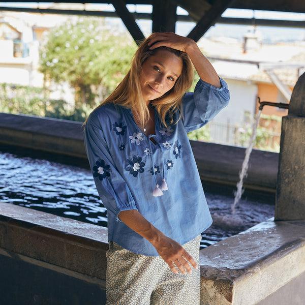 Zen Ethic Top Maya Brodé 100% Coton - Bleu