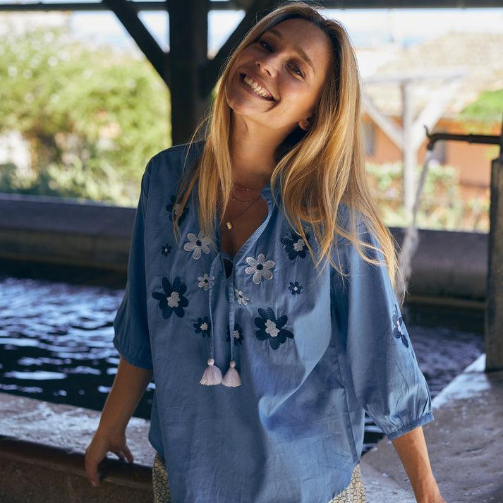 zen ethic Top Maya brodé 100% Coton - Bleu